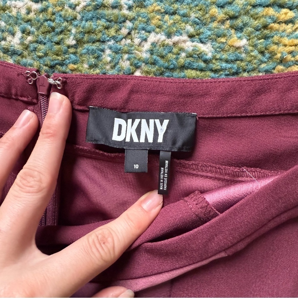 DKNY Cabernet Satin Midi Skirt NWT | Size 10 | Burgundy Asymmetrical Flowy Skirt - Picture 10 of 11
